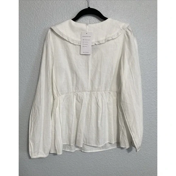Zesica Women's White Tie Front Hidden Button Wide Collar Long Sleeve Top - SZ S - Picture 5 of 12